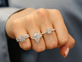 Collage of cutting-edge and classic engagement ring styles—like halo, solitaire, and colored gemstone rings—showing this year's trending designs and those fading in popularity.
