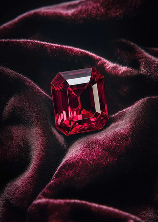 A richly coloured emerald cut red beryl gemstone photographed on deep burgundy velvet, with dramatic lighting emphasising its brilliance and vivid red hue.