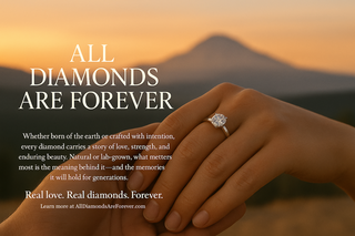 Hands gently clasped at sunset, featuring a solitaire diamond engagement ring with the text “All Diamonds Are Forever” overlaid, promoting the enduring emotional and symbolic value of both natural and lab-grown diamonds.
