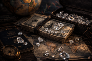 Diamonds scattered over a stack of US hundred dollar bills on an antique world map beside a passport, leather case, and compass, symbolizing portable wealth and financial security during global crises.