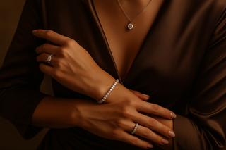 Close-up of a woman’s hands adorned with diamond jewelry, including a bracelet, necklace, and rings, against a brown satin dress. The warm lighting and elegant composition convey luxury, confidence, and self-expression.