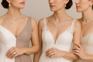 Three brides in elegant Western gowns showcasing different diamond necklaces, earrings, and rings. Each wears a unique style — from floral motifs to classic cuts — reflecting modern bridal trends in Dubai.