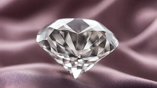 A diamond grading chart alongside loose diamonds of various cuts and clarity, with labeled terms like “carat,” “clarity,” “cut,” and “color”—educating viewers on essential diamond terminology and evaluation criteria.