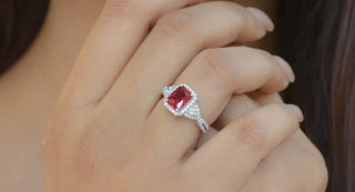 Elegant ruby engagement ring with a vivid red center stone and diamond accents, symbolizing passion and lasting commitment.