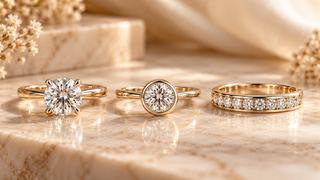Three diamond rings in gold settings displayed side by side, showing a classic prong set solitaire, a secure bezel set diamond and a channel set diamond band.