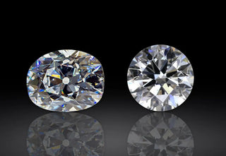 Side-by-side comparison of a modern brilliant cut diamond and a vintage old mine cut diamond under bright lighting