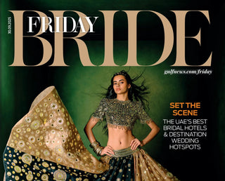 Cover of Gulf News Friday Bride magazine, dated September 30, 2025, featuring a model in an ornate green and gold bridal lehenga with the headline “Set the Scene: The UAE’s Best Bridal Hotels & Destination Wedding Hotspots.