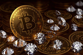 Golden Bitcoin tokens surrounded by sparkling diamonds, symbolizing luxury cryptocurrency and digital wealth.
