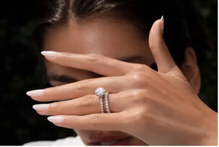 Round brilliant diamond halo engagement ring with diamond eternity band , Azzallure 1 carat diamond ring