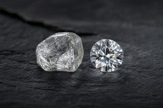 Rough natural diamond displayed beside a polished round brilliant diamond, illustrating the transformation achieved through cutting and polishing.