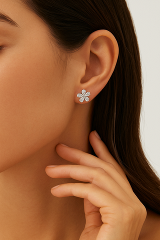 10CT Lab Diamond Flower Studs: 18K gold earrings set with ten 1-carat lab-grown diamonds arranged in a flower pattern.
