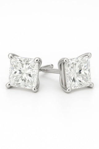 1 carat princess cut lab-grown diamond stud earrings in 18K white gold (also available in yellow or rose gold), EF color and VVS clarity.