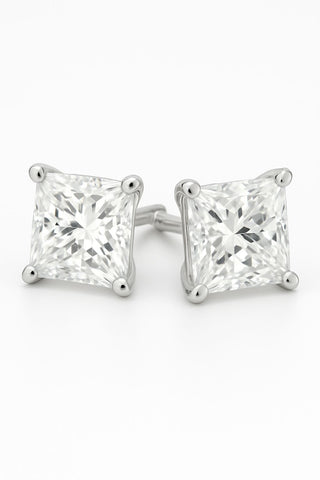 1 carat princess cut lab-grown diamond stud earrings in 18K white gold (also available in yellow or rose gold), EF color and VVS clarity.