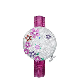Blossom Hour Watch for women with a 44 mm pink dial, silver case, and sapphire crystal window.
