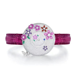 Blossom Hour Watch for women with a 44 mm pink dial, silver case, and sapphire crystal window.
