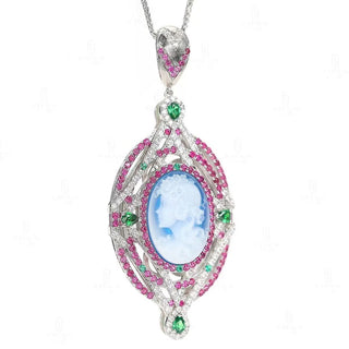 Cameo Blue Diamond Pendant in 925 sterling silver with sculpted agate cameo and a halo of lab-created sapphires in pink, green, and white tones.