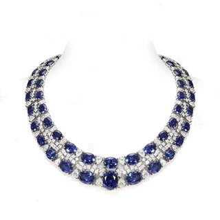 Sterling silver choker necklace with ruby and sapphire stones in royal tapestry design, inspired by Indian heritage — Azzallure Carpet Choker.

