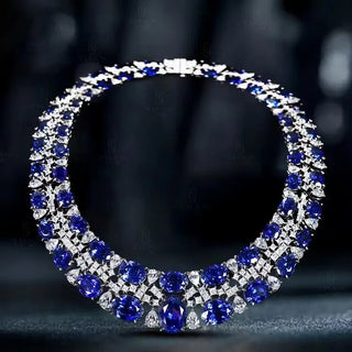 Sterling silver choker necklace with ruby and sapphire stones in royal tapestry design, inspired by Indian heritage — Azzallure Carpet Choker.


