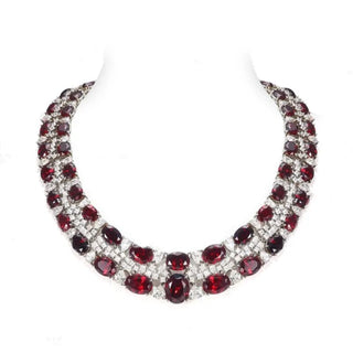 Sterling silver choker necklace with ruby and sapphire stones in royal tapestry design, inspired by Indian heritage — Azzallure Carpet Choker.

