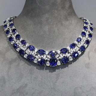 Sterling silver choker necklace with ruby and sapphire stones in royal tapestry design, inspired by Indian heritage — Azzallure Carpet Choker.

