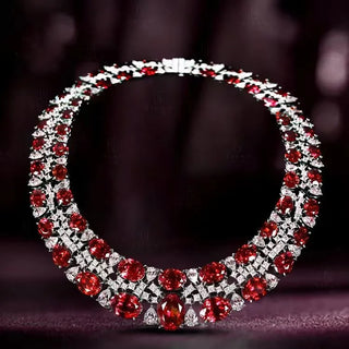 Sterling silver choker necklace with ruby and sapphire stones in royal tapestry design, inspired by Indian heritage — Azzallure Carpet Choker.

