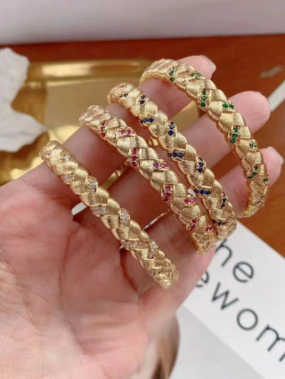 Crystal Pavé Bangle - Copper Cuff with Blue Pavé Crystals, Adjustable Size, High Polish Finish