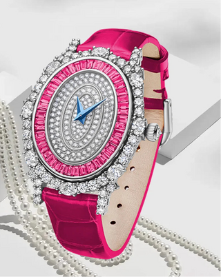 Lunara Crystal Watch with stainless steel case, sapphire crystal dial, and colored leather strap.