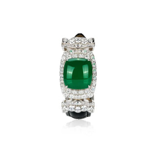Emerald Chalcedony Wristband with green chalcedony center, framed by white sapphires, set in sterling silver with platinum plating.