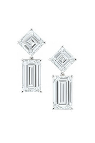 Empire Illusion Drops: 18K white gold drop earrings with a 5 ct Asscher-cut and 7 ct baguette-cut lab-grown diamonds (24 ct total).