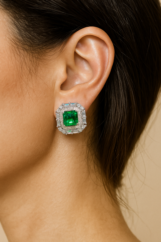 Gemini Green Studs – 9K white gold earrings with 3.8-carat emerald and lab-created sapphires, offering vibrant elegance and subtle sparkle.