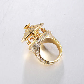 Golden Carnival Ring with spinning carousel crown, pavé-set lab sapphires, and sculpted golden horses, inspired by vintage fair magic