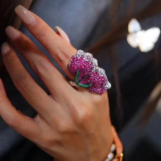 Gradient Ruby Cocktail Ring: 925 sterling silver band pavé-set with lab-created ruby red, emerald green, and white sapphires in a seamless gradient.