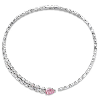 Iced Out Pear Bling Tennis Necklace in 925 sterling silver with pear-shaped lab-created sapphires in pink.
