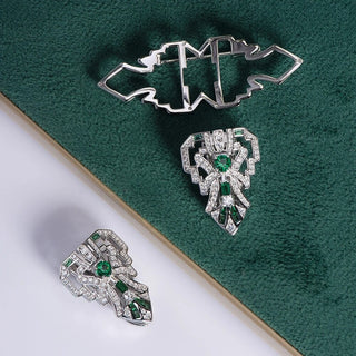 Imperial Emerald Brooch UAE – Crafted in 925 sterling silver with a bold 23 x 51 mm green lab-created sapphire, accented with radiant white lab sapphires.