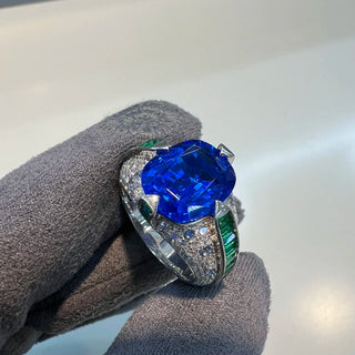 Jewel of the Realm Ring in sterling silver with deep blue and emerald lab sapphires, regal cocktail ring design
