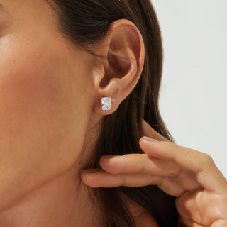 Lab grown emerald cut diamond stud earrings in 18K gold featuring 1–5 carat EF color, VVS clarity lab-grown diamonds.