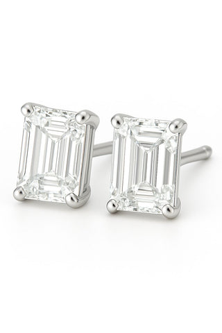 Lab grown emerald cut diamond stud earrings in 18K gold featuring 1–5 carat EF color, VVS clarity lab-grown diamonds.