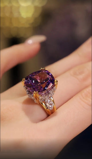 Lavender Spell Ring with a 10-carat purple lab sapphire in a prong setting, crafted in sterling silver with a magical, enchanting cocktail design