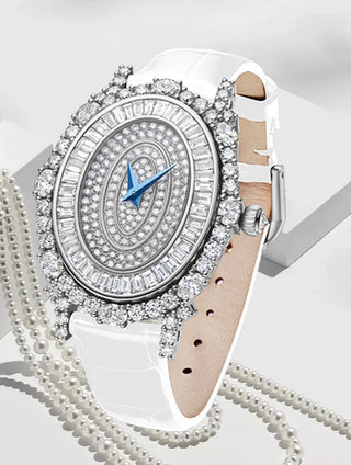 Lunara Crystal Watch with stainless steel case, sapphire crystal dial, and colored leather strap.