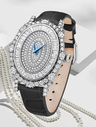 Lunara Crystal Watch with stainless steel case, sapphire crystal dial, and colored leather strap.