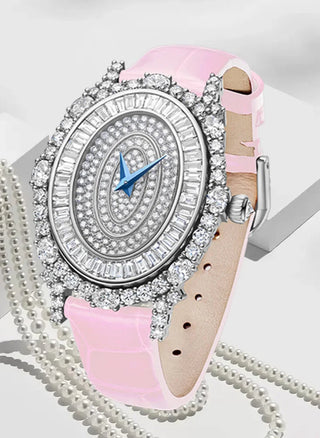 Lunara Crystal Watch with stainless steel case, sapphire crystal dial, and colored leather strap.