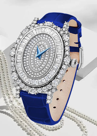Lunara Crystal Watch with stainless steel case, sapphire crystal dial, and colored leather strap.