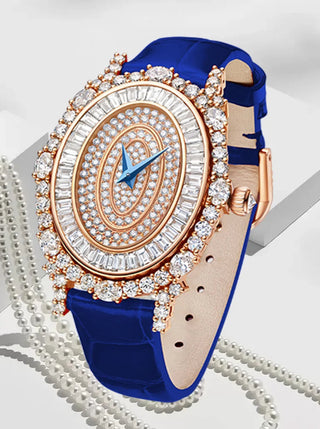 Lunara Crystal Watch with stainless steel case, sapphire crystal dial, and colored leather strap.