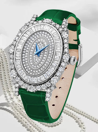 Lunara Crystal Watch with stainless steel case, sapphire crystal dial, and colored leather strap.