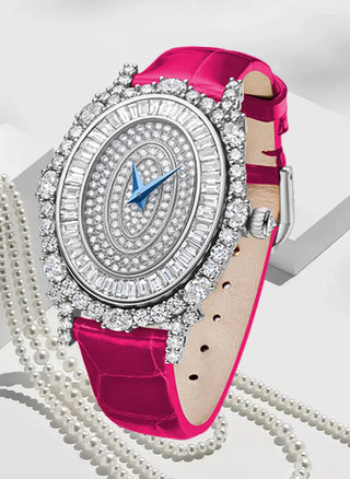 Lunara Crystal Watch with stainless steel case, sapphire crystal dial, and colored leather strap.