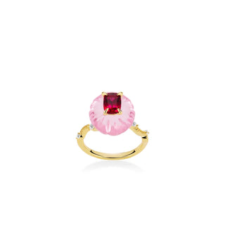 Lychee Bloom Ring in sterling silver with ruby and pink lab sapphires in a floral petal-inspired cocktail design