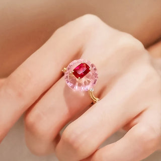 Lychee Bloom Ring in sterling silver with ruby and pink lab sapphires in a floral petal-inspired cocktail design