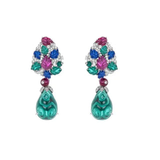 Mosaic Majestic Earrings in 925 sterling silver, featuring multi-colored lab sapphires set in a stained-glass effect, ideal for special occasions and travel. A bold and vibrant statement piece, 20 grams in weight.