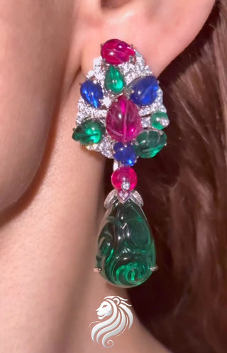 Mosaic Majestic Earrings in 925 sterling silver, featuring multi-colored lab sapphires set in a stained-glass effect, ideal for special occasions and travel. A bold and vibrant statement piece, 20 grams in weight.