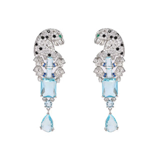 Paraiba Leopard Earrings in 925 sterling silver featuring white lab sapphires and vibrant synthetic Paraibas, designed with a wild-meets-refined aesthetic. Bold yet lightweight, perfect for destination nights and resort dinners."
